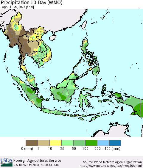 South East Asia Precipitation 10-Day (WMO) Thematic Map For 4/11/2023 - 4/20/2023