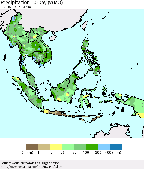 South East Asia Precipitation 10-Day (WMO) Thematic Map For 7/16/2023 - 7/25/2023