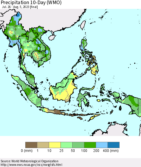 South East Asia Precipitation 10-Day (WMO) Thematic Map For 7/26/2023 - 8/5/2023