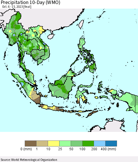 South East Asia Precipitation 10-Day (WMO) Thematic Map For 10/6/2023 - 10/15/2023