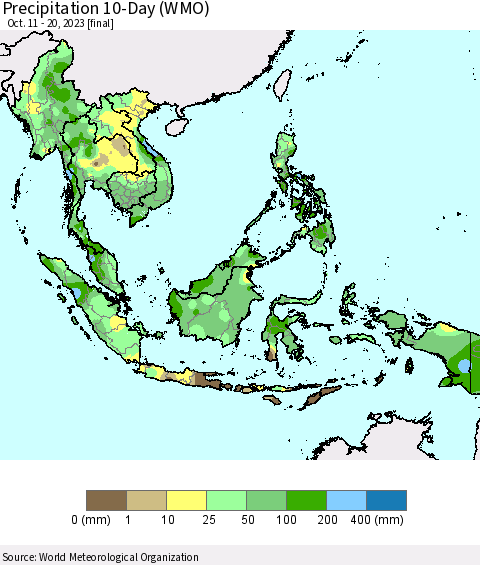 South East Asia Precipitation 10-Day (WMO) Thematic Map For 10/11/2023 - 10/20/2023