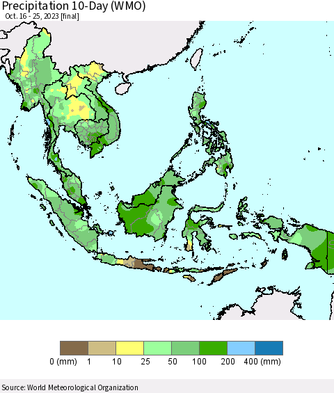 South East Asia Precipitation 10-Day (WMO) Thematic Map For 10/16/2023 - 10/25/2023
