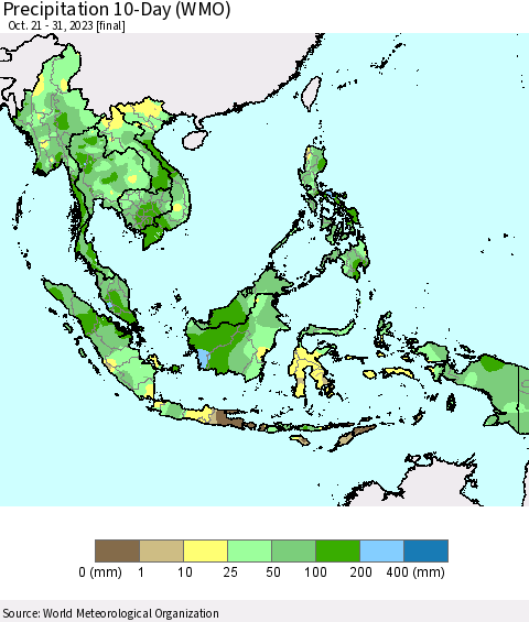South East Asia Precipitation 10-Day (WMO) Thematic Map For 10/21/2023 - 10/31/2023