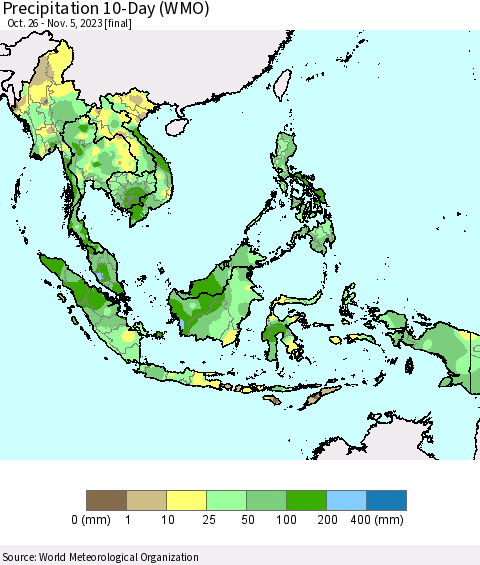 South East Asia Precipitation 10-Day (WMO) Thematic Map For 10/26/2023 - 11/5/2023
