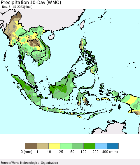 South East Asia Precipitation 10-Day (WMO) Thematic Map For 11/6/2023 - 11/15/2023