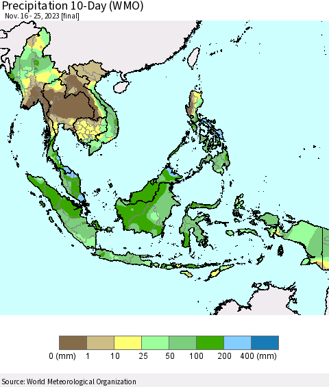 South East Asia Precipitation 10-Day (WMO) Thematic Map For 11/16/2023 - 11/25/2023