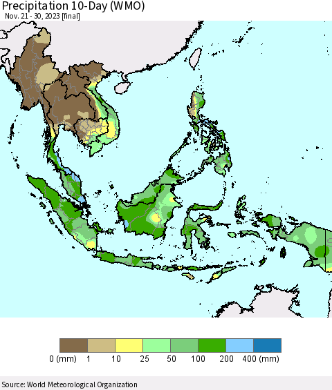 South East Asia Precipitation 10-Day (WMO) Thematic Map For 11/21/2023 - 11/30/2023