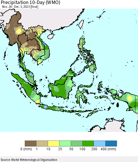 South East Asia Precipitation 10-Day (WMO) Thematic Map For 11/26/2023 - 12/5/2023
