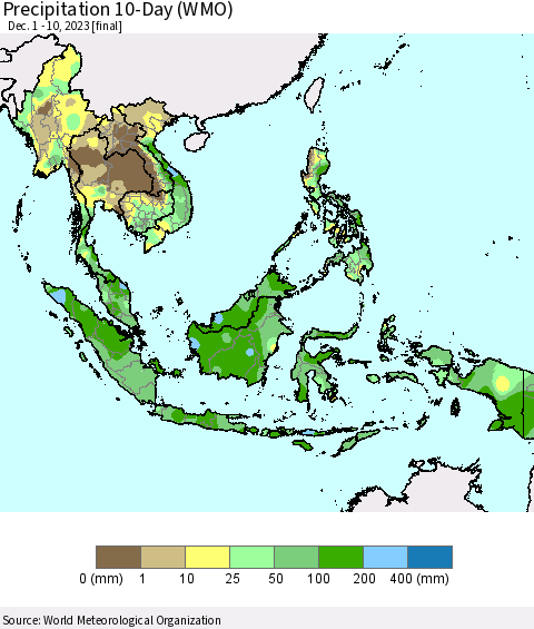 South East Asia Precipitation 10-Day (WMO) Thematic Map For 12/1/2023 - 12/10/2023