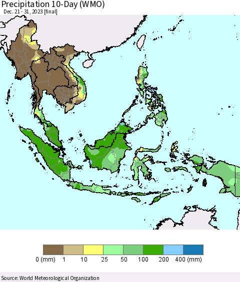 South East Asia Precipitation 10-Day (WMO) Thematic Map For 12/21/2023 - 12/31/2023