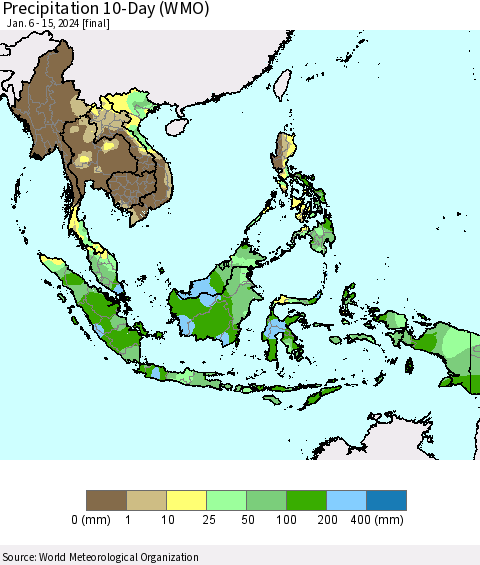 South East Asia Precipitation 10-Day (WMO) Thematic Map For 1/6/2024 - 1/15/2024