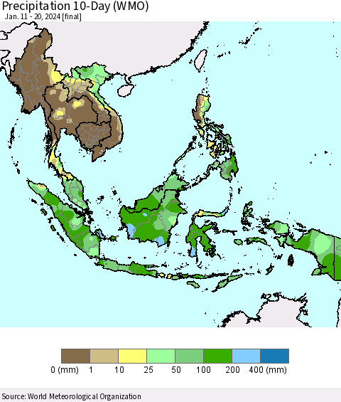 South East Asia Precipitation 10-Day (WMO) Thematic Map For 1/11/2024 - 1/20/2024