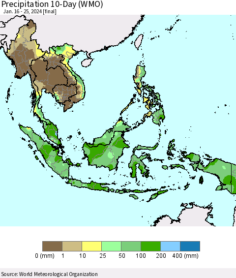 South East Asia Precipitation 10-Day (WMO) Thematic Map For 1/16/2024 - 1/25/2024