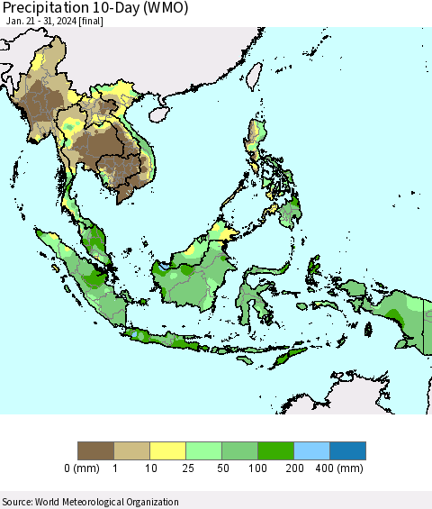 South East Asia Precipitation 10-Day (WMO) Thematic Map For 1/21/2024 - 1/31/2024