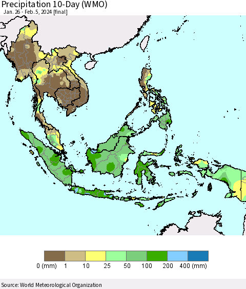 South East Asia Precipitation 10-Day (WMO) Thematic Map For 1/26/2024 - 2/5/2024