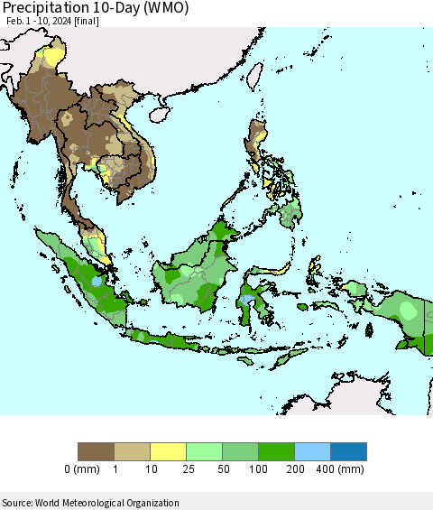 South East Asia Precipitation 10-Day (WMO) Thematic Map For 2/1/2024 - 2/10/2024