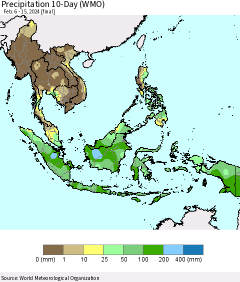 South East Asia Precipitation 10-Day (WMO) Thematic Map For 2/6/2024 - 2/15/2024