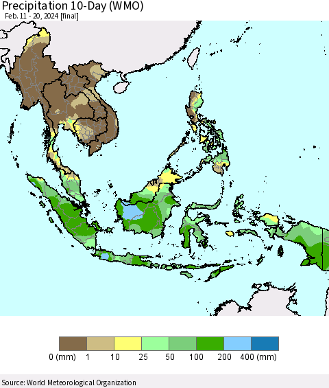 South East Asia Precipitation 10-Day (WMO) Thematic Map For 2/11/2024 - 2/20/2024