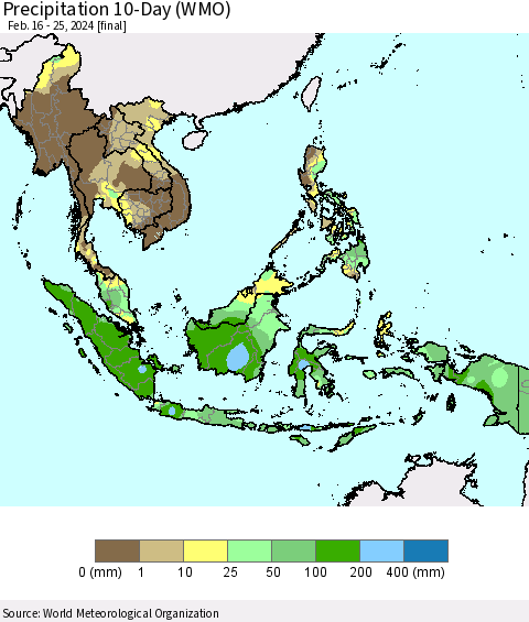 South East Asia Precipitation 10-Day (WMO) Thematic Map For 2/16/2024 - 2/25/2024