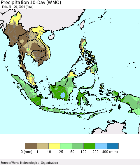 South East Asia Precipitation 10-Day (WMO) Thematic Map For 2/21/2024 - 2/29/2024