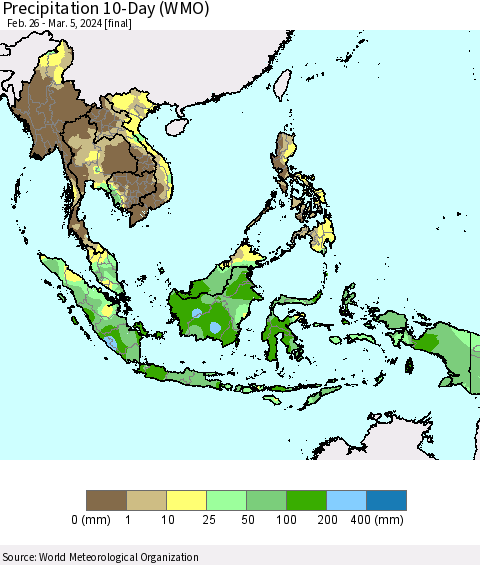 South East Asia Precipitation 10-Day (WMO) Thematic Map For 2/26/2024 - 3/5/2024