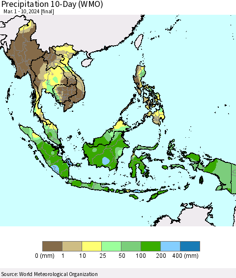 South East Asia Precipitation 10-Day (WMO) Thematic Map For 3/1/2024 - 3/10/2024
