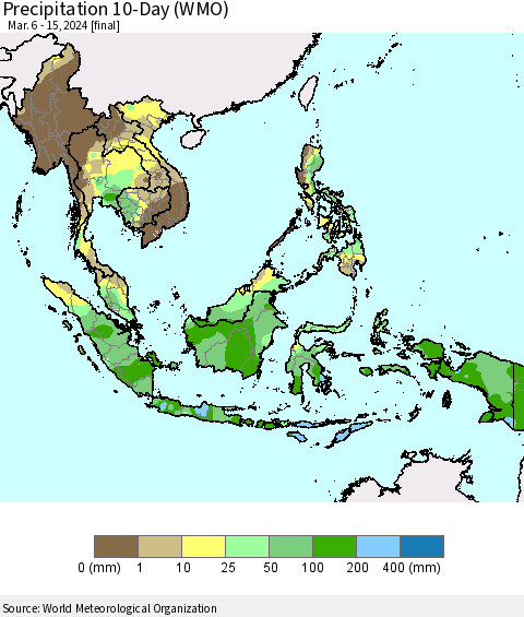 South East Asia Precipitation 10-Day (WMO) Thematic Map For 3/6/2024 - 3/15/2024
