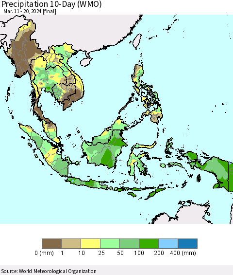 South East Asia Precipitation 10-Day (WMO) Thematic Map For 3/11/2024 - 3/20/2024