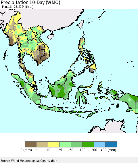 South East Asia Precipitation 10-Day (WMO) Thematic Map For 3/16/2024 - 3/25/2024