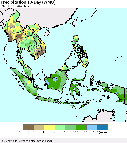 South East Asia Precipitation 10-Day (WMO) Thematic Map For 3/21/2024 - 3/31/2024