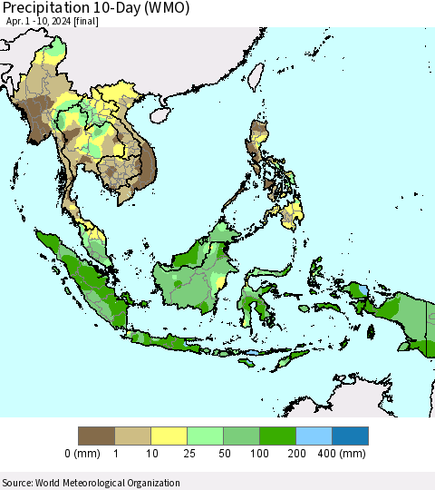 South East Asia Precipitation 10-Day (WMO) Thematic Map For 4/1/2024 - 4/10/2024