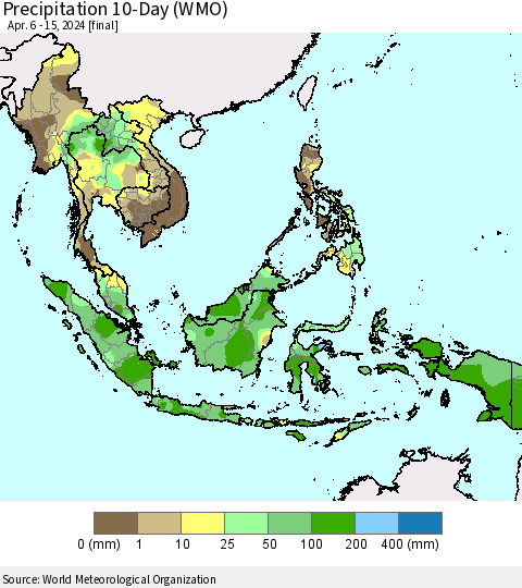 South East Asia Precipitation 10-Day (WMO) Thematic Map For 4/6/2024 - 4/15/2024