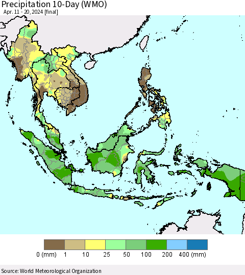 South East Asia Precipitation 10-Day (WMO) Thematic Map For 4/11/2024 - 4/20/2024