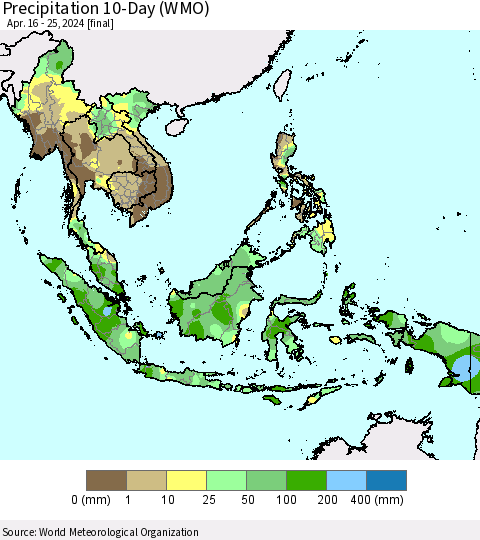 South East Asia Precipitation 10-Day (WMO) Thematic Map For 4/16/2024 - 4/25/2024