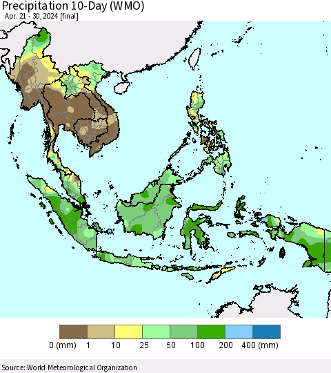 South East Asia Precipitation 10-Day (WMO) Thematic Map For 4/21/2024 - 4/30/2024