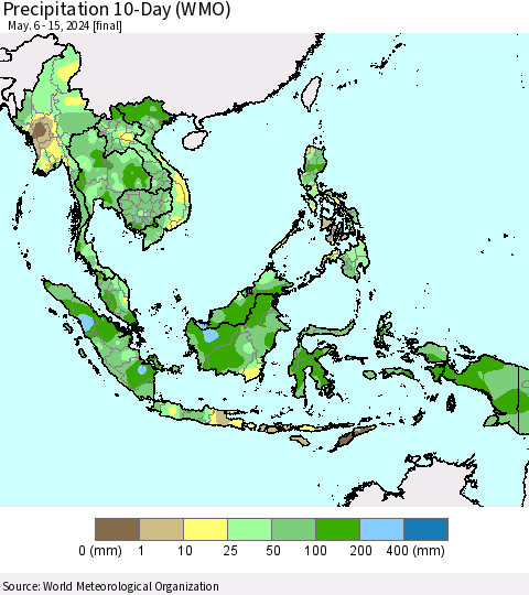 South East Asia Precipitation 10-Day (WMO) Thematic Map For 5/6/2024 - 5/15/2024