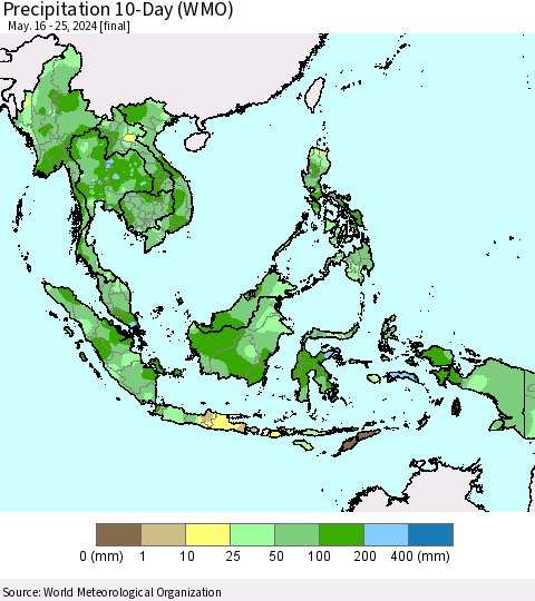 South East Asia Precipitation 10-Day (WMO) Thematic Map For 5/16/2024 - 5/25/2024
