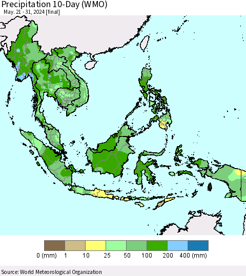 South East Asia Precipitation 10-Day (WMO) Thematic Map For 5/21/2024 - 5/31/2024
