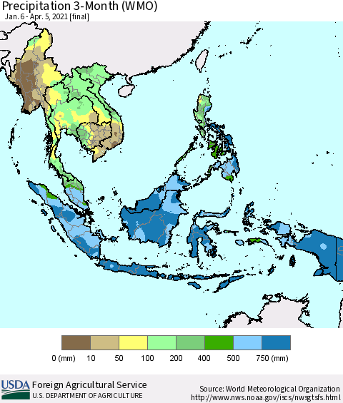 South East Asia Precipitation 3-Month (WMO) Thematic Map For 1/6/2021 - 4/5/2021