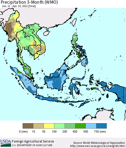 South East Asia Precipitation 3-Month (WMO) Thematic Map For 1/11/2021 - 4/10/2021