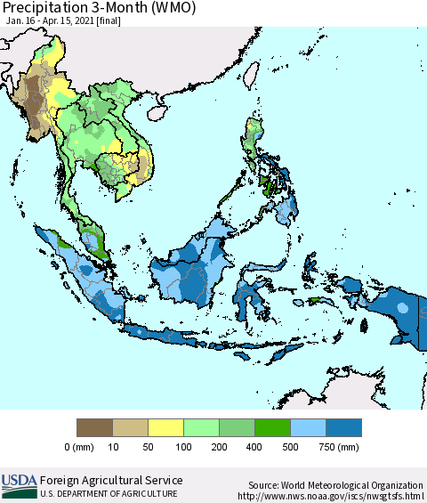 South East Asia Precipitation 3-Month (WMO) Thematic Map For 1/16/2021 - 4/15/2021