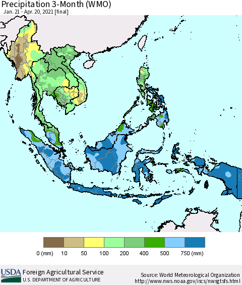 South East Asia Precipitation 3-Month (WMO) Thematic Map For 1/21/2021 - 4/20/2021
