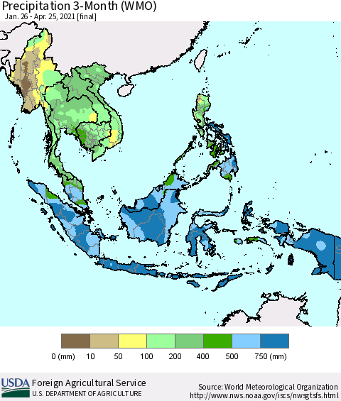 South East Asia Precipitation 3-Month (WMO) Thematic Map For 1/26/2021 - 4/25/2021