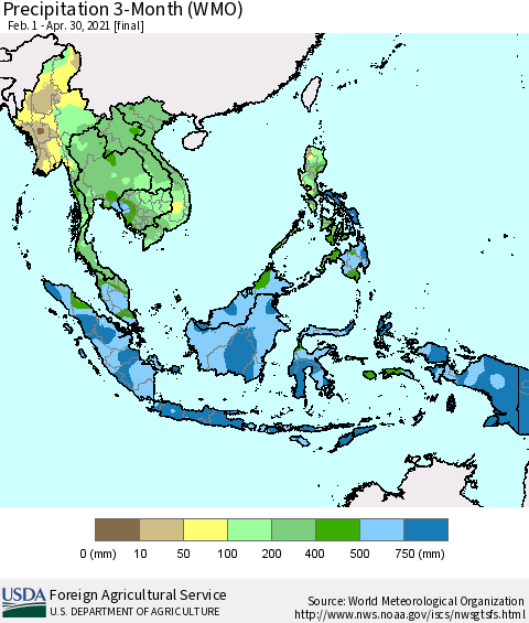 South East Asia Precipitation 3-Month (WMO) Thematic Map For 2/1/2021 - 4/30/2021