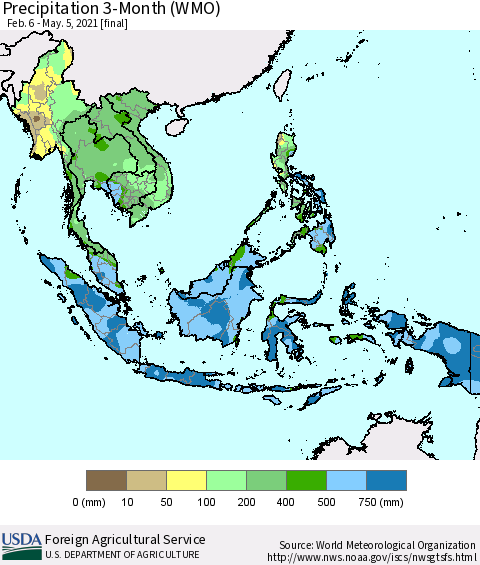 South East Asia Precipitation 3-Month (WMO) Thematic Map For 2/6/2021 - 5/5/2021