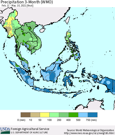 South East Asia Precipitation 3-Month (WMO) Thematic Map For 2/11/2021 - 5/10/2021