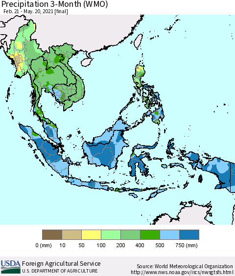 South East Asia Precipitation 3-Month (WMO) Thematic Map For 2/21/2021 - 5/20/2021