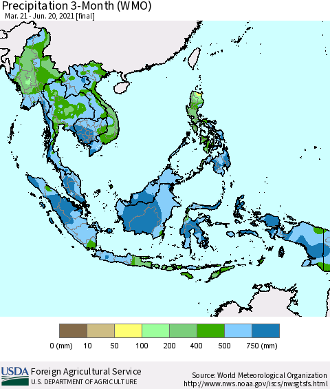 South East Asia Precipitation 3-Month (WMO) Thematic Map For 3/21/2021 - 6/20/2021
