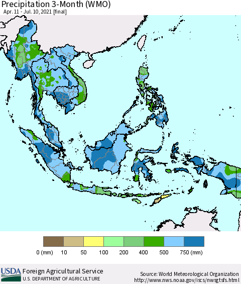 South East Asia Precipitation 3-Month (WMO) Thematic Map For 4/11/2021 - 7/10/2021
