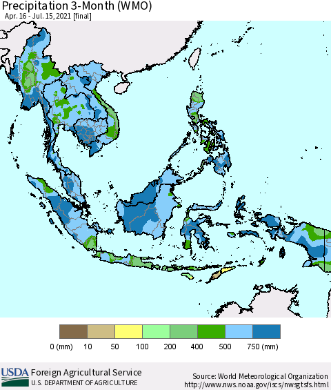 South East Asia Precipitation 3-Month (WMO) Thematic Map For 4/16/2021 - 7/15/2021